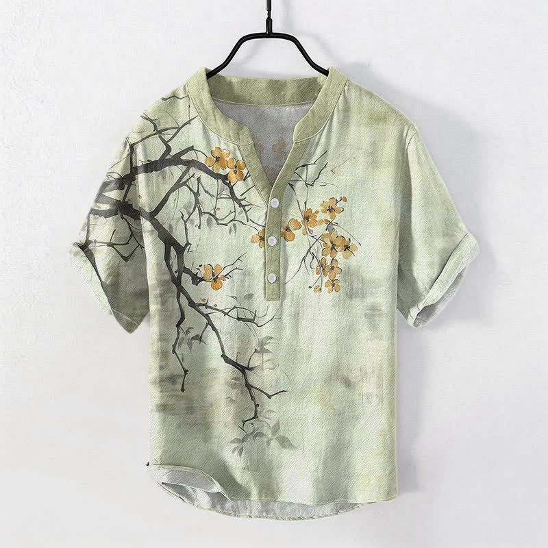 Buddha Stones Camisa de manga corta con medio botón y estampado de ramas de ciruelo en algodón para hombre - Verde pálido - US/UK/AU50, EU60 (5XL) - image 3