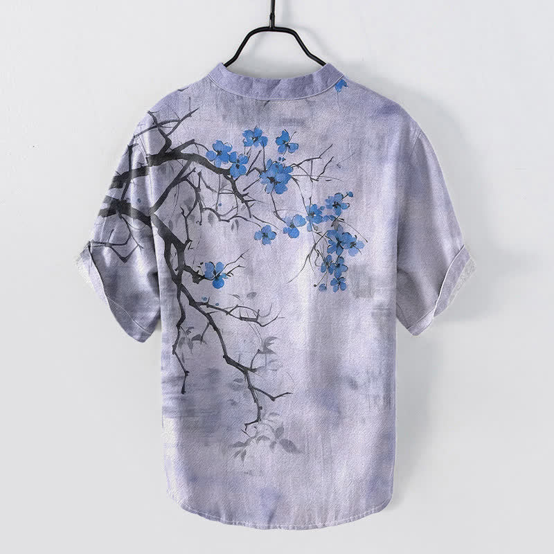 Buddha Stones Camisa de manga corta con medio botón y estampado de ramas de ciruelo en algodón para hombre - image 6