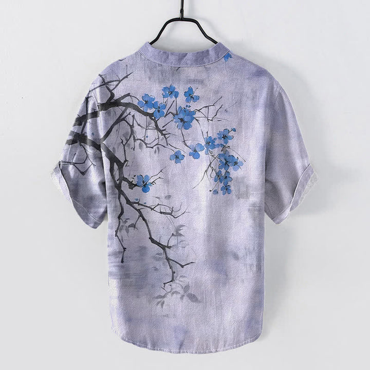 Buddha Stones Camisa de manga corta con medio botón y estampado de ramas de ciruelo en algodón para hombre - image 6