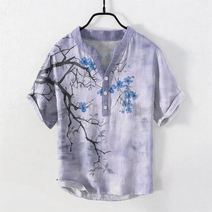 Buddha Stones Camisa de manga corta con medio botón y estampado de ramas de ciruelo en algodón para hombre - Lavanda - US/UK/AU50, EU60 (5XL) - image 5