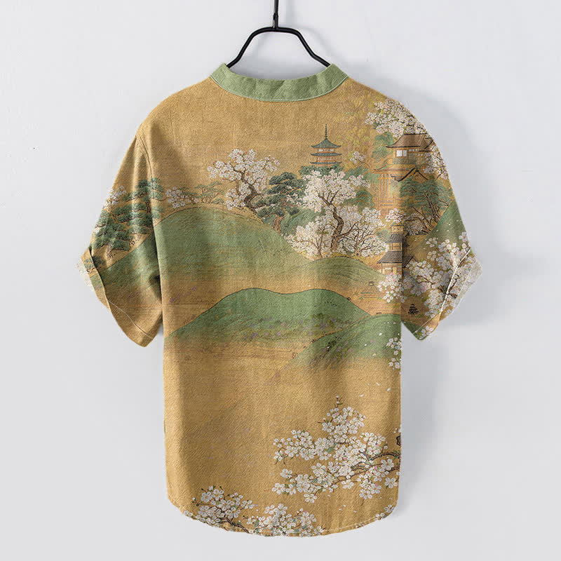 Buddha Stones Camisa de manga corta con medio botón para hombre con estampado de flores de Cotton Mountain - image 1