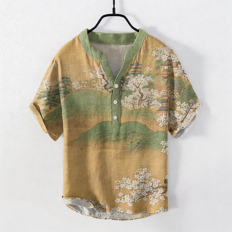 Buddha Stones Camisa de manga corta con medio botón para hombre con estampado de flores de Cotton Mountain - Broncearse - US/UK/AU50, EU60 (5XL) - image 0