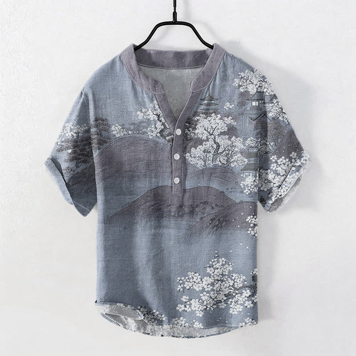Buddha Stones Camisa de manga corta con medio botón para hombre con estampado de flores de Cotton Mountain - Gris pizarra claro - US/UK/AU50, EU60 (5XL) - image 3