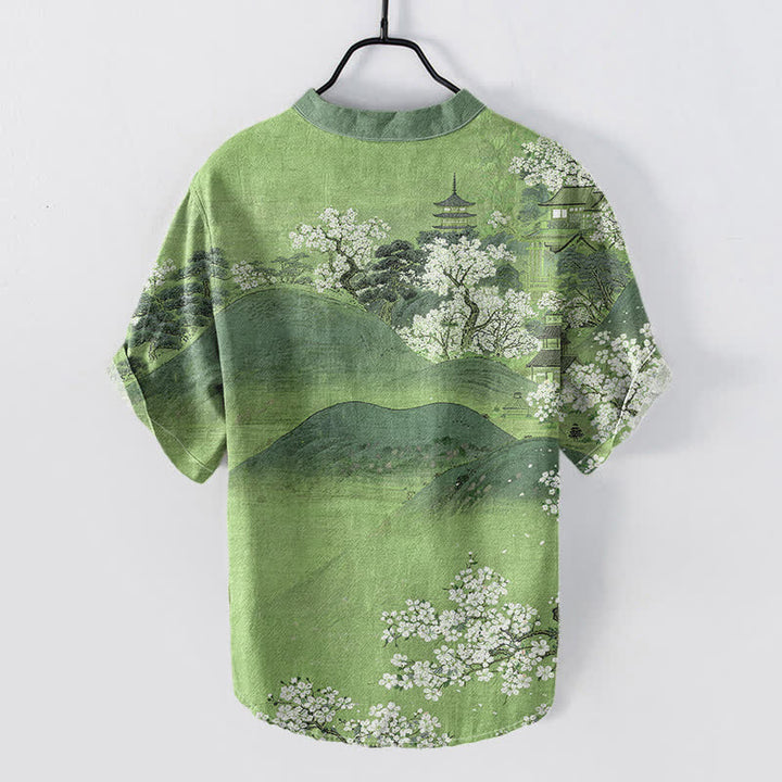 Buddha Stones Camisa de manga corta con medio botón para hombre con estampado de flores de Cotton Mountain - image 6