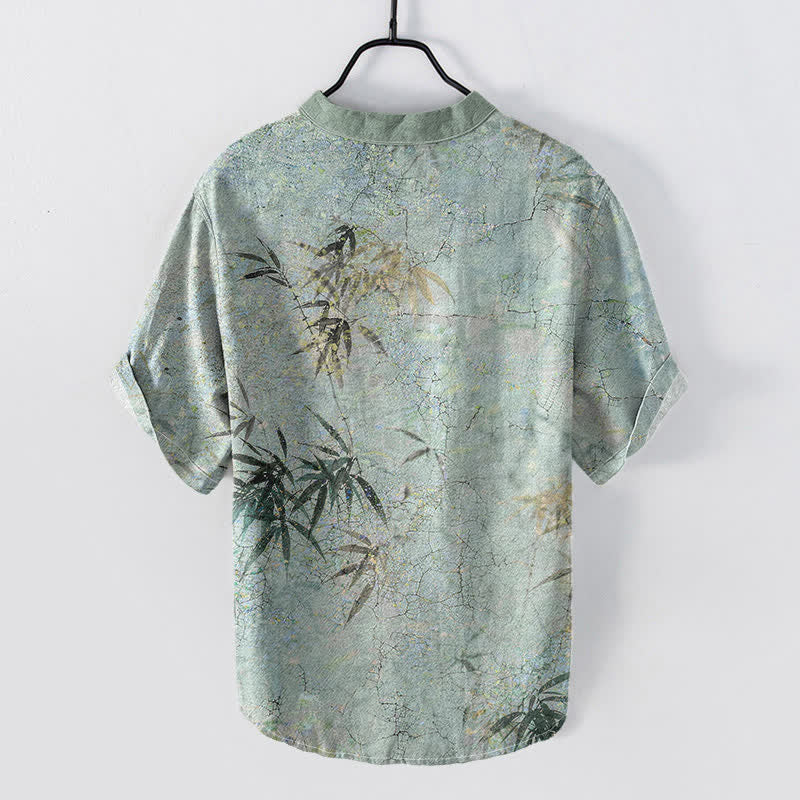 Buddha Stones Camisa de manga corta con medio botón para hombre, con estampado de hojas de bambú y tinta de algodón. - image 1
