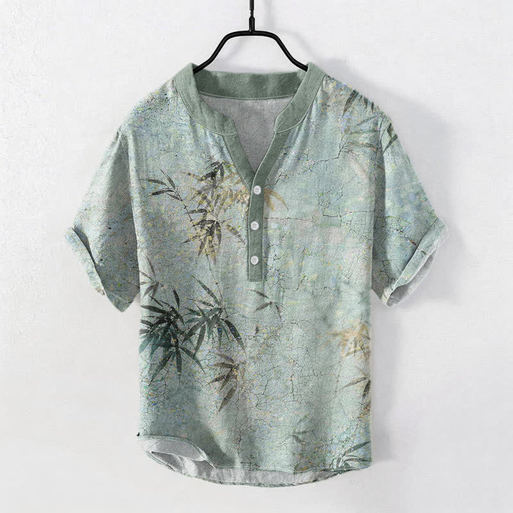 Buddha Stones Camisa de manga corta con medio botón para hombre, con estampado de hojas de bambú y tinta de algodón. - Aguamarina medio - US/UK/AU50, EU60 (5XL) - image 0