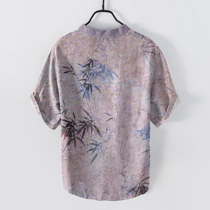 Buddha Stones Camisa de manga corta con medio botón para hombre, con estampado de hojas de bambú y tinta de algodón. - image 4