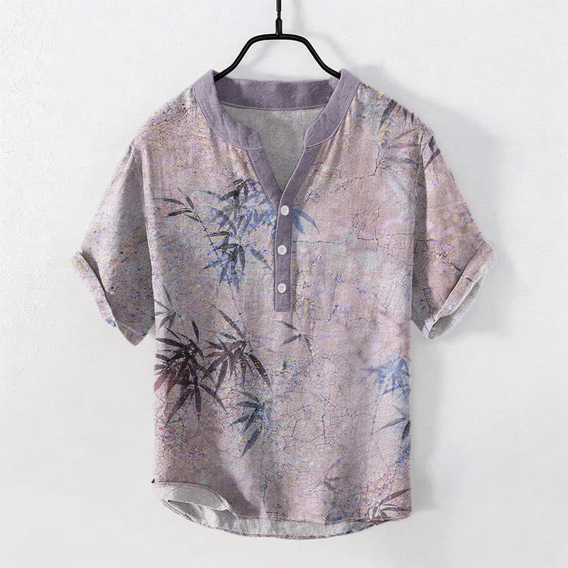 Buddha Stones Camisa de manga corta con medio botón para hombre, con estampado de hojas de bambú y tinta de algodón. - Cardo - US/UK/AU50, EU60 (5XL) - image 3