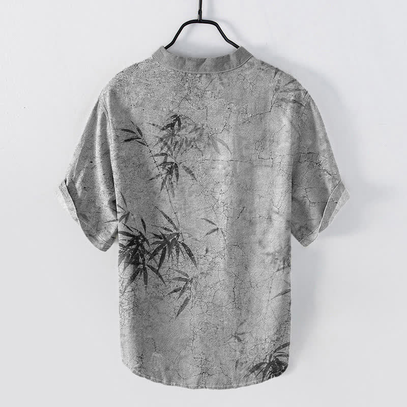 Buddha Stones Camisa de manga corta con medio botón para hombre, con estampado de hojas de bambú y tinta de algodón. - image 6