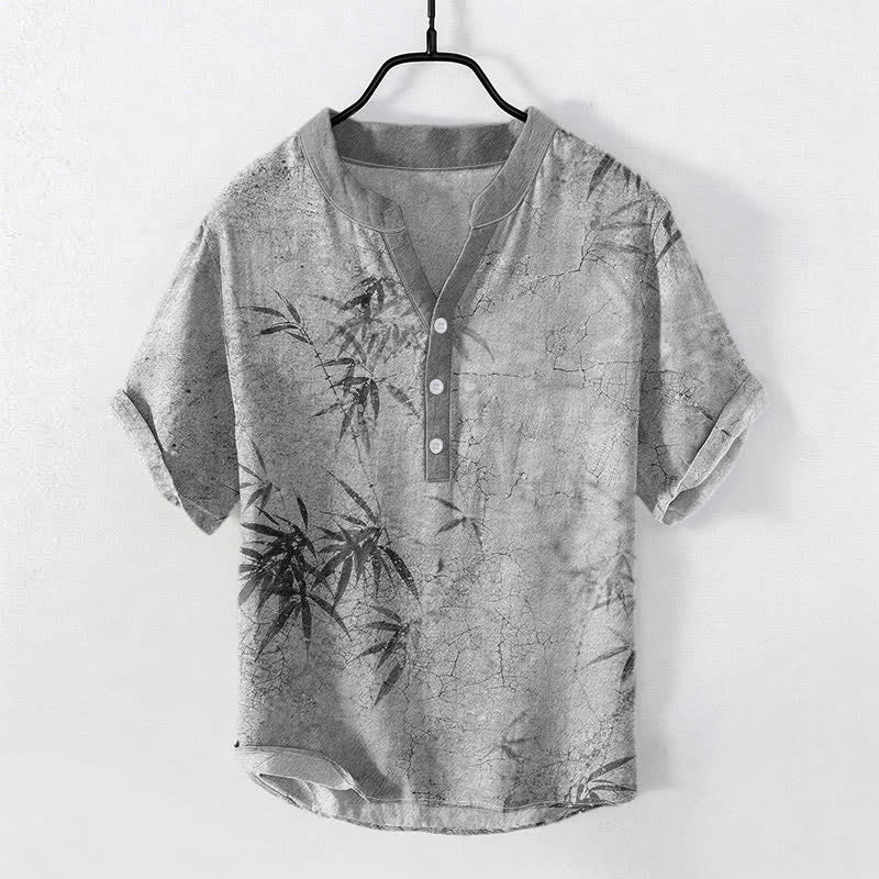 Buddha Stones Camisa de manga corta con medio botón para hombre, con estampado de hojas de bambú y tinta de algodón. - Gris claro - US/UK/AU50, EU60 (5XL) - image 5