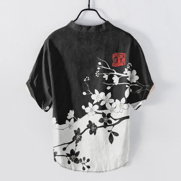 Buddha Stones Camisa de manga corta con medio botón y estampado de ramas de ciruelo en algodón para hombre - image 1