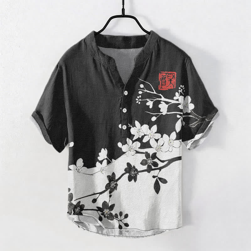 Buddha Stones Camisa de manga corta con medio botón y estampado de ramas de ciruelo en algodón para hombre - Negro - US/UK/AU50, EU60 (5XL) - image 0