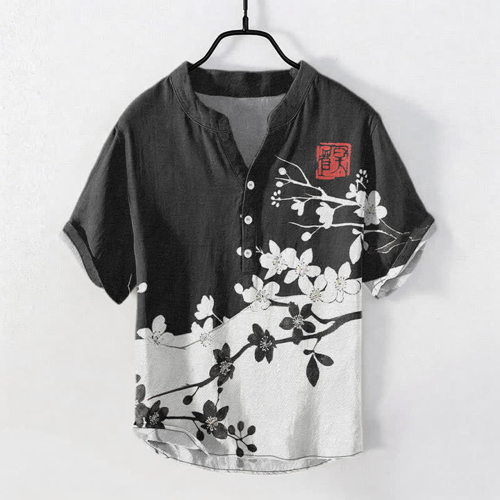 Buddha Stones Camisa de manga corta con medio botón y estampado de ramas de ciruelo en algodón para hombre - Negro - US/UK/AU50, EU60 (5XL) - image 0