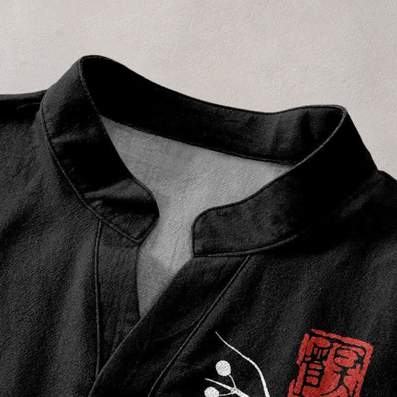 Buddha Stones Camisa de manga corta con medio botón y estampado de ramas de ciruelo en algodón para hombre - image 2