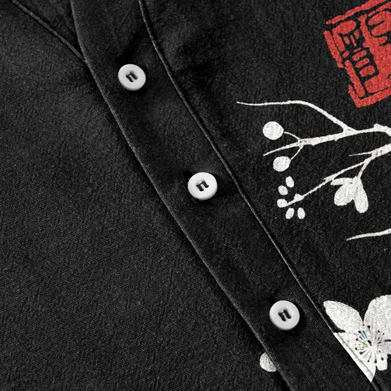 Buddha Stones Camisa de manga corta con medio botón y estampado de ramas de ciruelo en algodón para hombre - image 3