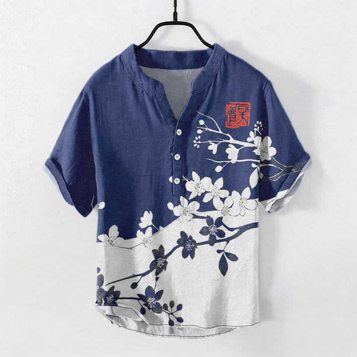 Buddha Stones Camisa de manga corta con medio botón y estampado de ramas de ciruelo en algodón para hombre - Marina de guerra - US/UK/AU50, EU60 (5XL) - image 5