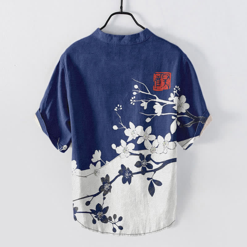 Buddha Stones Camisa de manga corta con medio botón y estampado de ramas de ciruelo en algodón para hombre - image 6