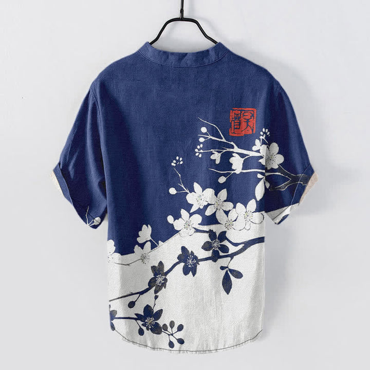 Buddha Stones Camisa de manga corta con medio botón y estampado de ramas de ciruelo en algodón para hombre - image 6