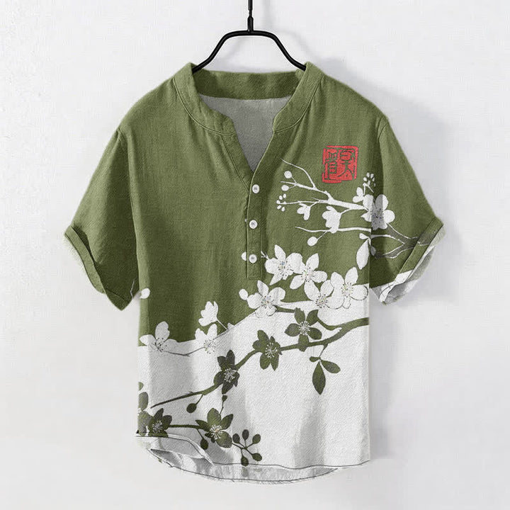 Buddha Stones Camisa de manga corta con medio botón y estampado de ramas de ciruelo en algodón para hombre - Verde oliva - US/UK/AU50, EU60 (5XL) - image 7