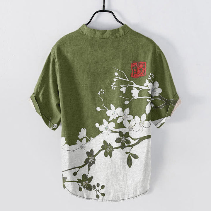 Buddha Stones Camisa de manga corta con medio botón y estampado de ramas de ciruelo en algodón para hombre - image 8