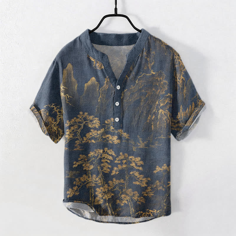 Buddha Stones Camisa de manga corta con medio botón para hombre, de algodón, con estampado de pinos de montaña dorados. - vara de oro - US/UK/AU50, EU60 (5XL) - image 0