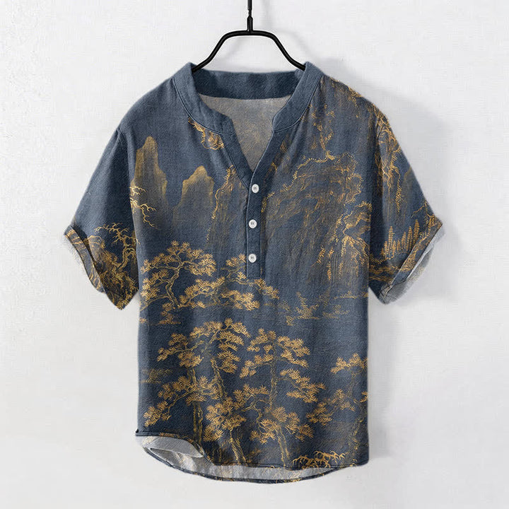 Buddha Stones Camisa de manga corta con medio botón para hombre, de algodón, con estampado de pinos de montaña dorados. - vara de oro - US/UK/AU50, EU60 (5XL) - image 0