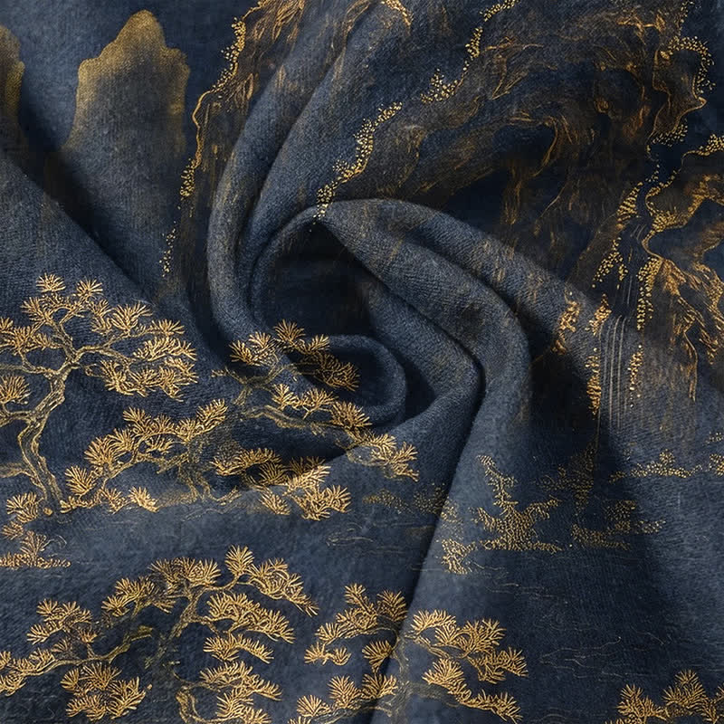 Buddha Stones Camisa de manga corta con medio botón para hombre, de algodón, con estampado de pinos de montaña dorados. - image 4