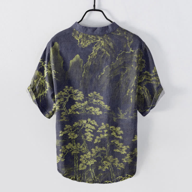 Buddha Stones Camisa de manga corta con medio botón para hombre, de algodón, con estampado de pinos de montaña dorados. - image 6
