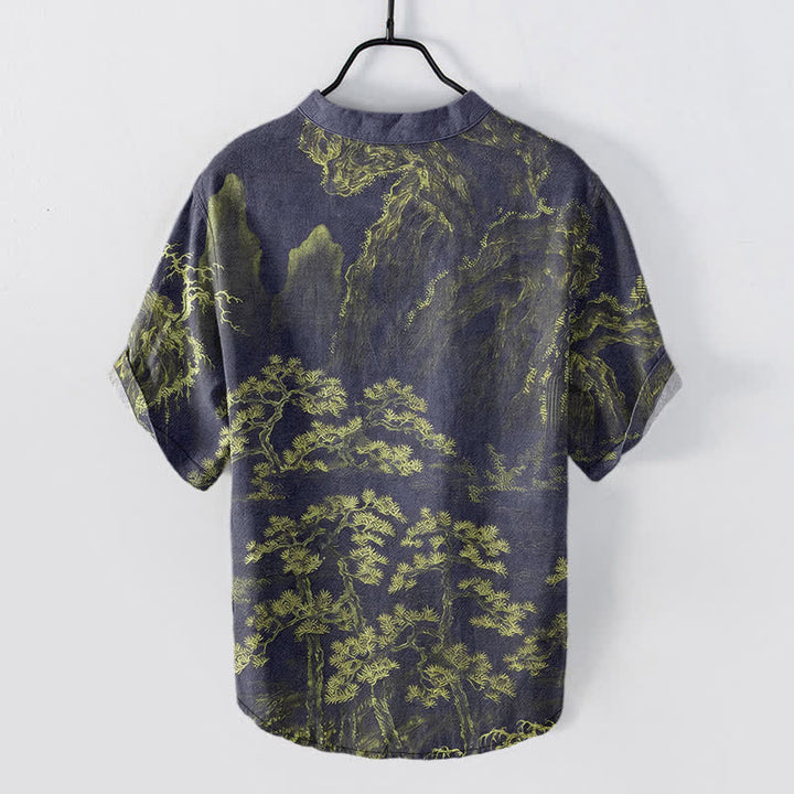 Buddha Stones Camisa de manga corta con medio botón para hombre, de algodón, con estampado de pinos de montaña dorados. - image 6