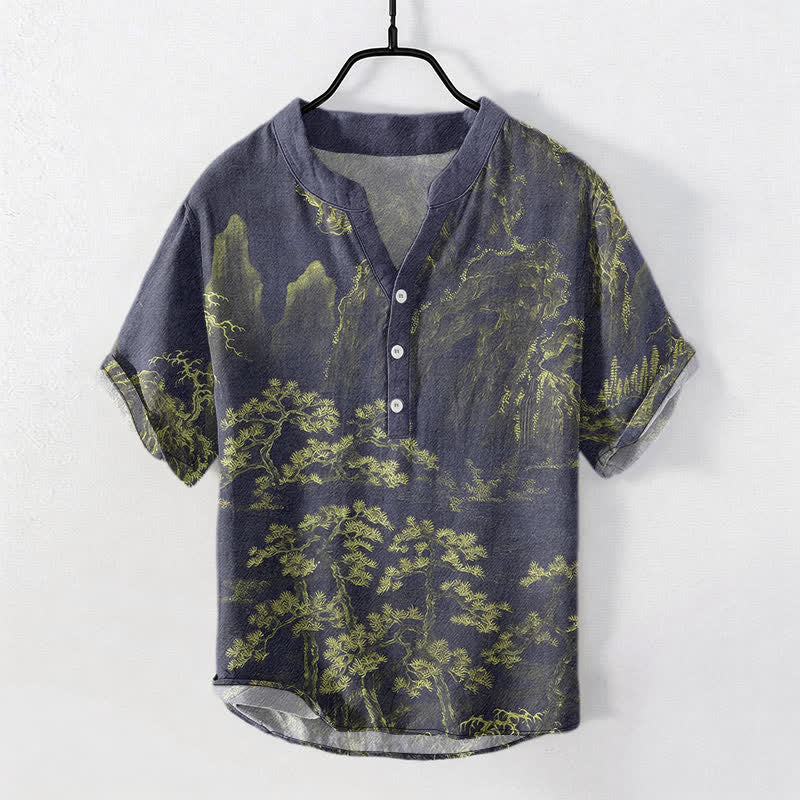 Buddha Stones Camisa de manga corta con medio botón para hombre, de algodón, con estampado de pinos de montaña dorados. - Verde amarillento - US/UK/AU50, EU60 (5XL) - image 5