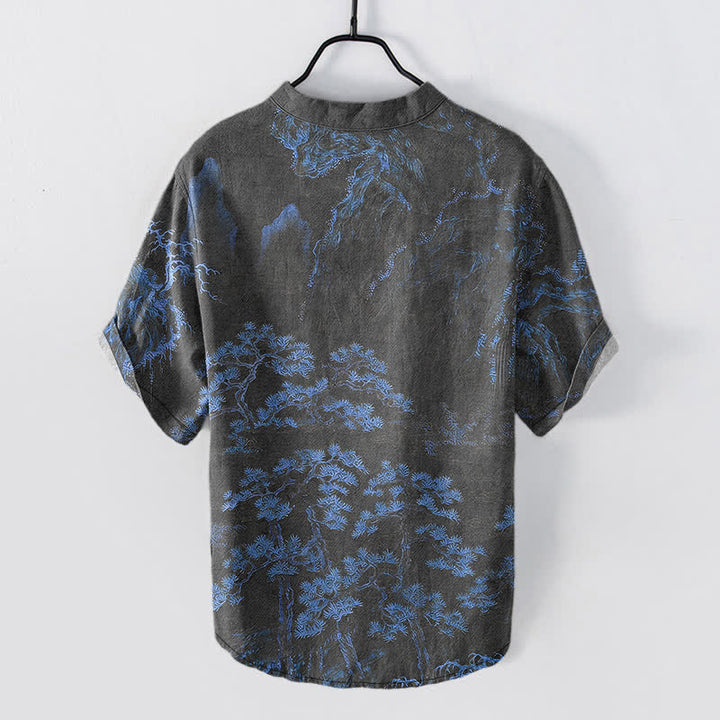 Buddha Stones Camisa de manga corta con medio botón para hombre, de algodón, con estampado de pinos de montaña dorados. - image 8