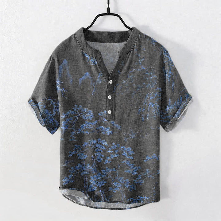Buddha Stones Camisa de manga corta con medio botón para hombre, de algodón, con estampado de pinos de montaña dorados. - Azul real - US/UK/AU50, EU60 (5XL) - image 7
