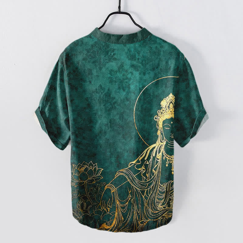 Buddha Stones Camisa de manga corta con medio botón para hombre, de algodón, con estampado de Buda dorado y loto. - image 1