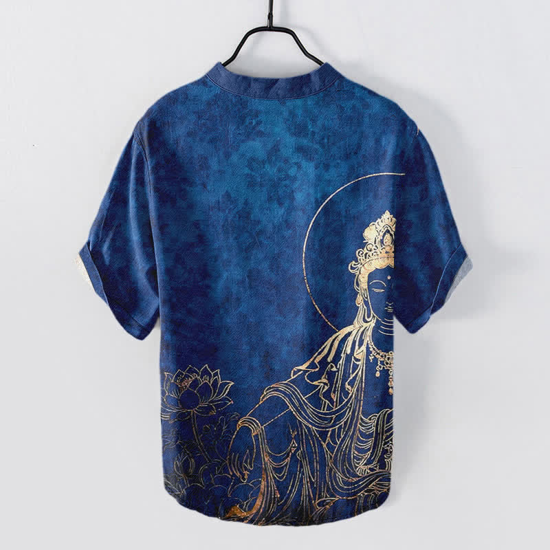 Buddha Stones Camisa de manga corta con medio botón para hombre, de algodón, con estampado de Buda dorado y loto. - image 6