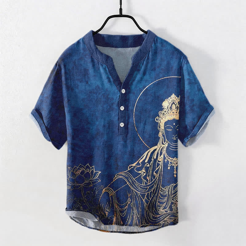 Buddha Stones Camisa de manga corta con medio botón para hombre, de algodón, con estampado de Buda dorado y loto. - Marina de guerra - US/UK/AU50, EU60 (5XL) - image 5
