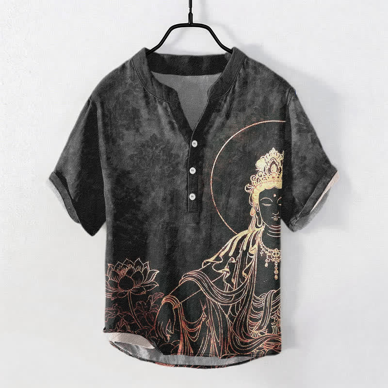 Buddha Stones Camisa de manga corta con medio botón para hombre, de algodón, con estampado de Buda dorado y loto. - Gris oscuro - US/UK/AU50, EU60 (5XL) - image 7