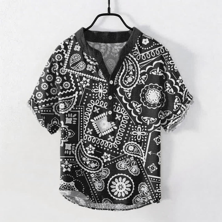 Buddha Stones Camisa de manga corta con medio botón para hombre, clásica, de algodón blanco con estampado paisley. - Negro - US/UK/AU50, EU60 (5XL) - image 0