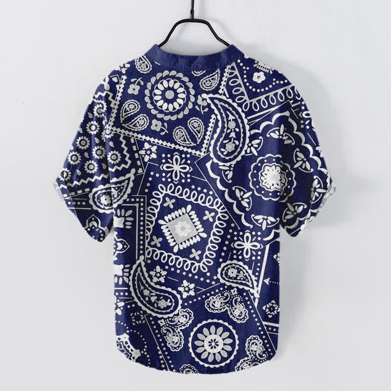 Buddha Stones Camisa de manga corta con medio botón para hombre, clásica, de algodón blanco con estampado paisley. - image 6