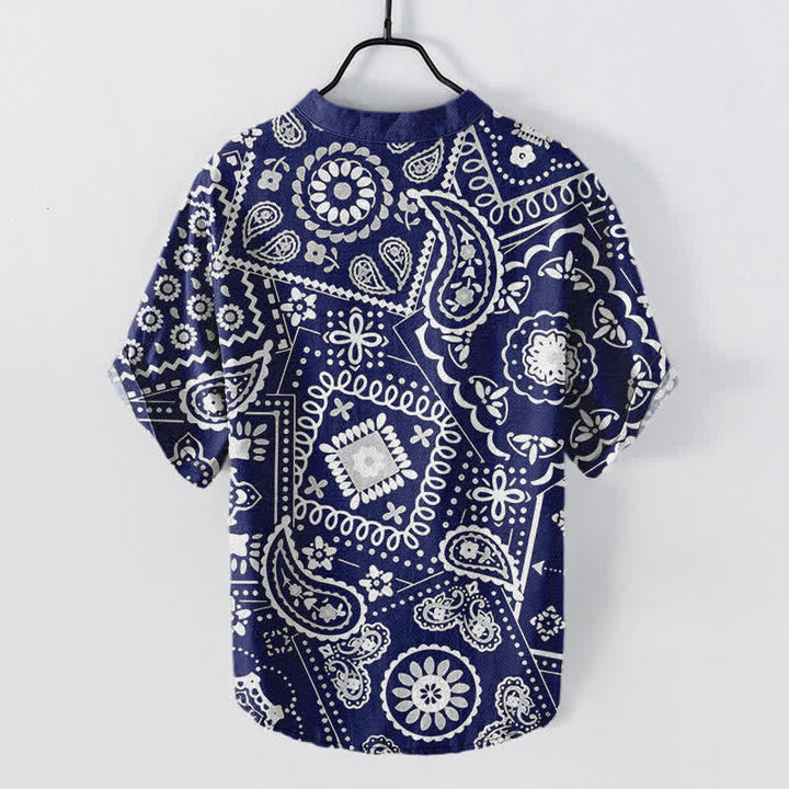 Buddha Stones Camisa de manga corta con medio botón para hombre, clásica, de algodón blanco con estampado paisley. - image 6