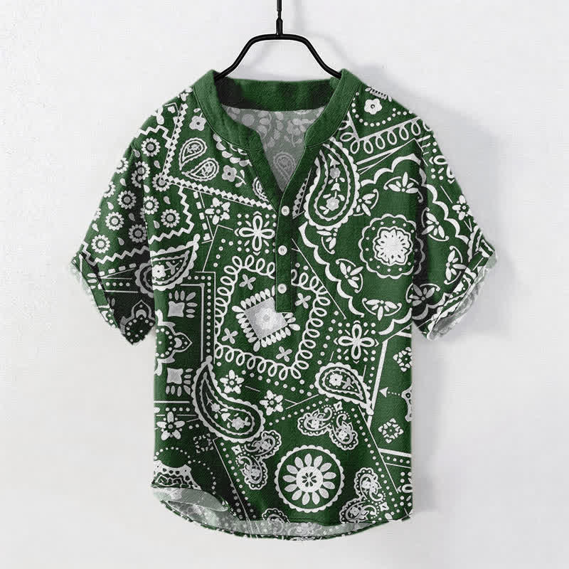 Buddha Stones Camisa de manga corta con medio botón para hombre, clásica, de algodón blanco con estampado paisley. - Verde bosque - US/UK/AU50, EU60 (5XL) - image 7
