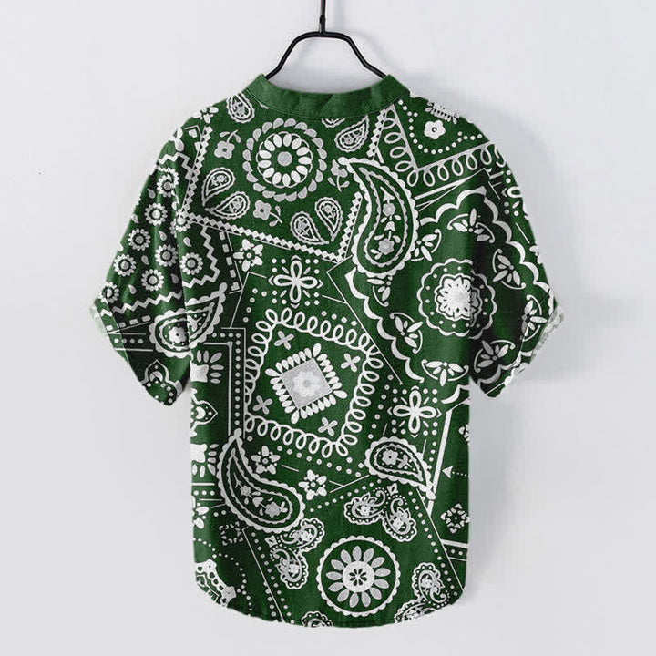 Buddha Stones Camisa de manga corta con medio botón para hombre, clásica, de algodón blanco con estampado paisley. - image 8