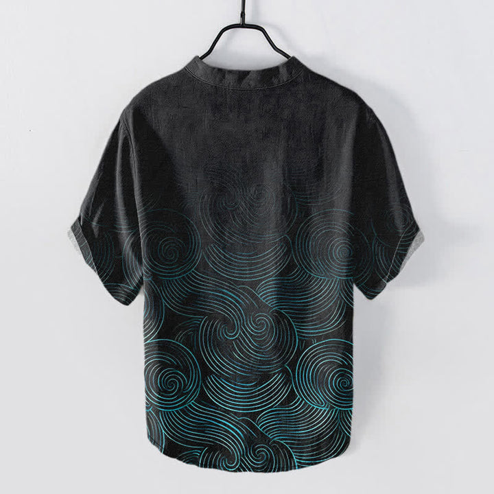 Buddha Stones Camisa de manga corta con medio botón y estampado de ondas concéntricas de algodón para hombre - image 1