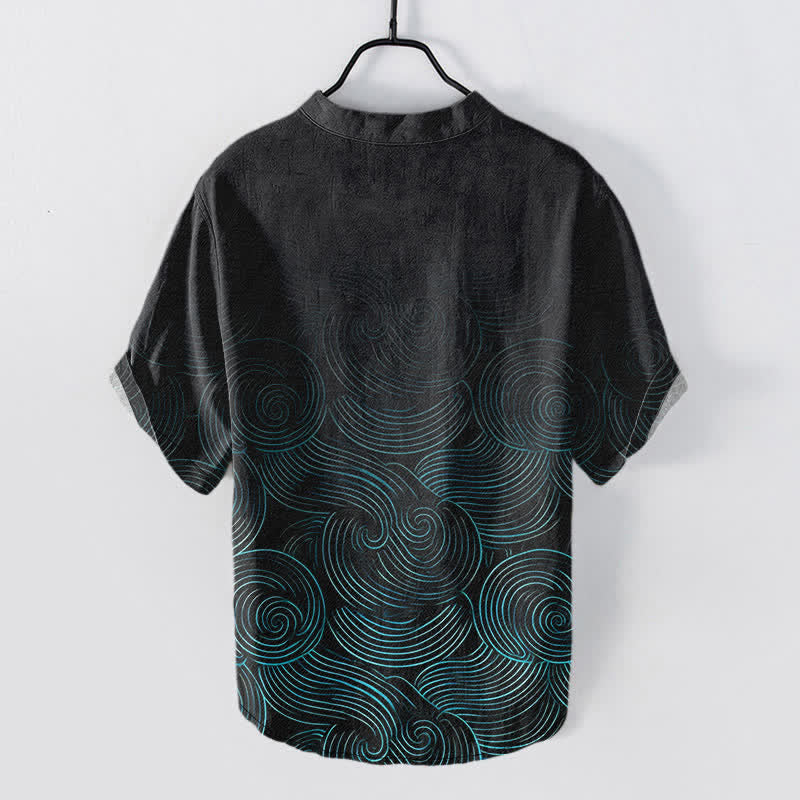 Buddha Stones Camisa de manga corta con medio botón y estampado de ondas concéntricas de algodón para hombre - image 1