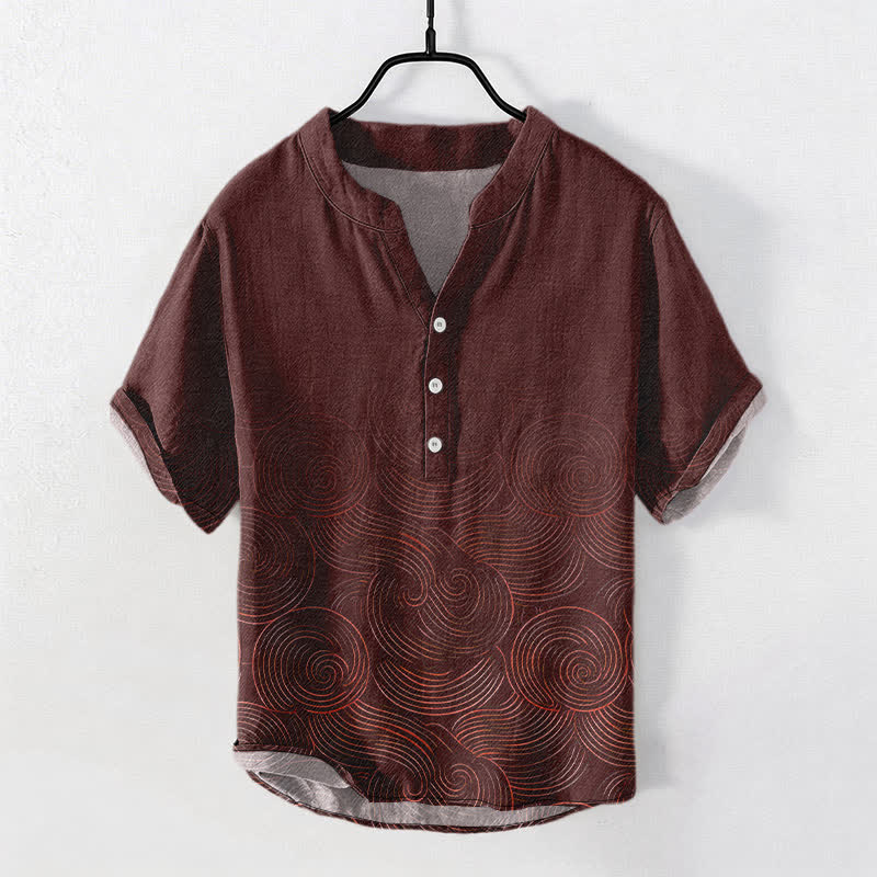 Buddha Stones Camisa de manga corta con medio botón y estampado de ondas concéntricas de algodón para hombre - Granate - US/UK/AU50, EU60 (5XL) - image 5