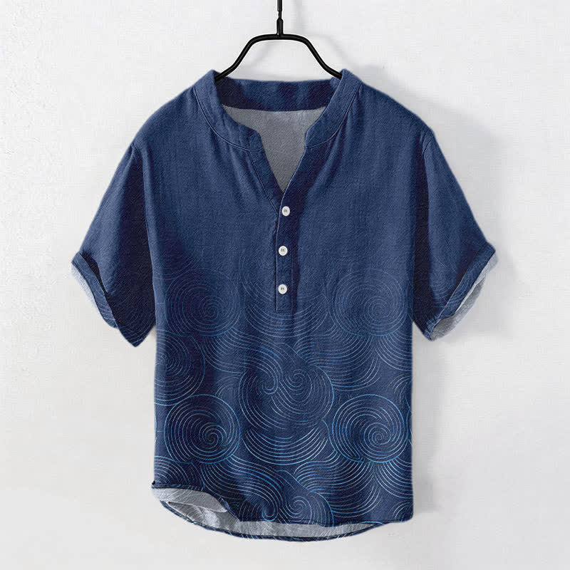 Buddha Stones Camisa de manga corta con medio botón y estampado de ondas concéntricas de algodón para hombre - Marina de guerra - US/UK/AU50, EU60 (5XL) - image 7