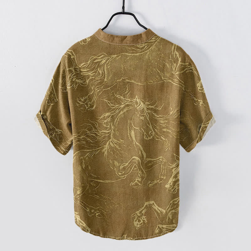 Buddha Stones Camisa de manga corta con medio botón para hombre, de algodón, con estampado de caballo al galope. - image 4