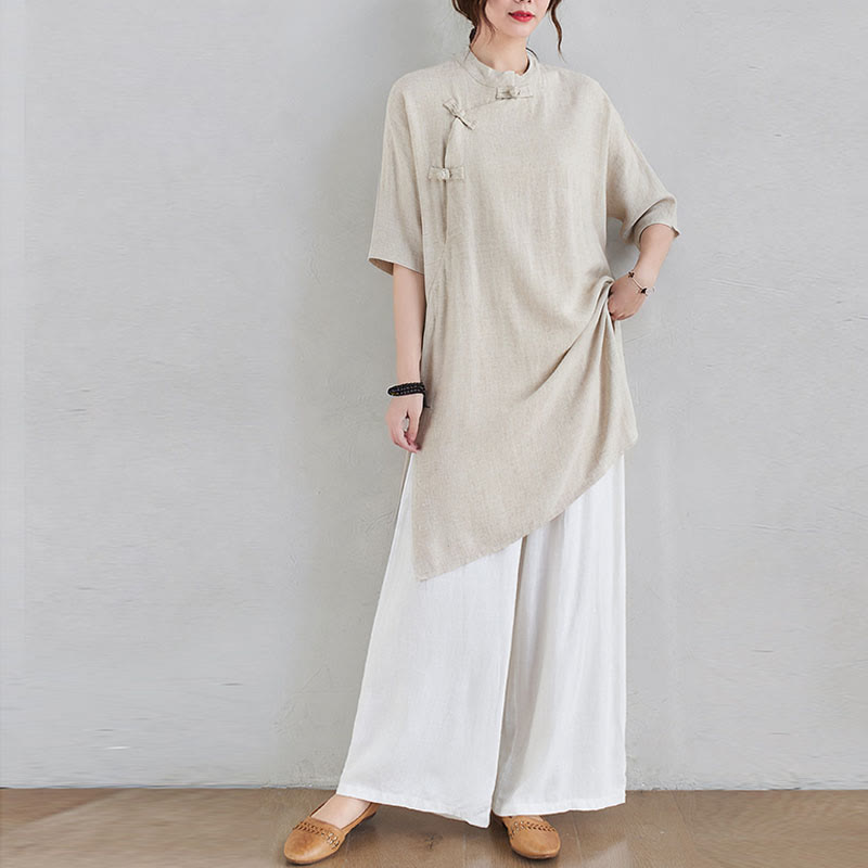 Conjunto de 2 piezas de ropa de meditación Zen Tai Chi con diseño liso de Buddha Stones, pantalones superiores de lino y algodón para mujer - Top beige y pantalones blancos - US12, UK/AU16, EU44 (2XL) - image 0