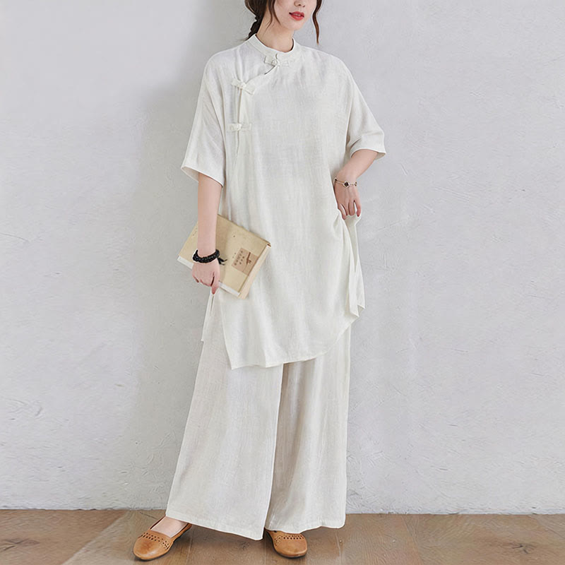 Conjunto de 2 piezas de ropa de meditación Zen Tai Chi con diseño liso de Buddha Stones, pantalones superiores de lino y algodón para mujer - Blanco (Top y pantalón) - US12, UK/AU16, EU44 (2XL) - image 13
