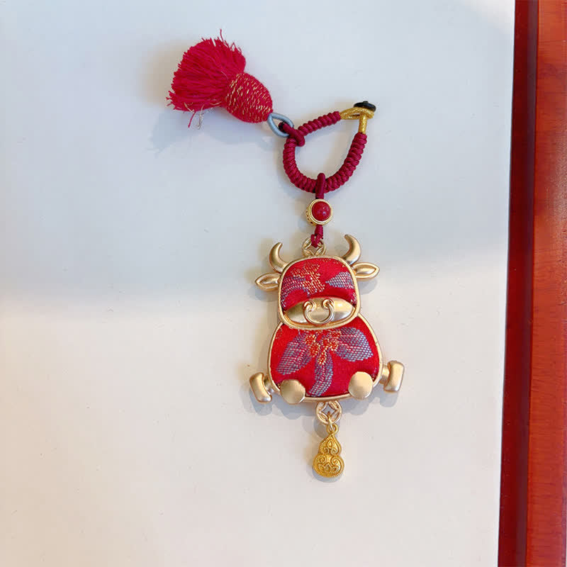 Buddha Stones Llavero de la suerte con borla del zodíaco chino hecha a mano de Song Brocade - Buey - Rojo - image 19