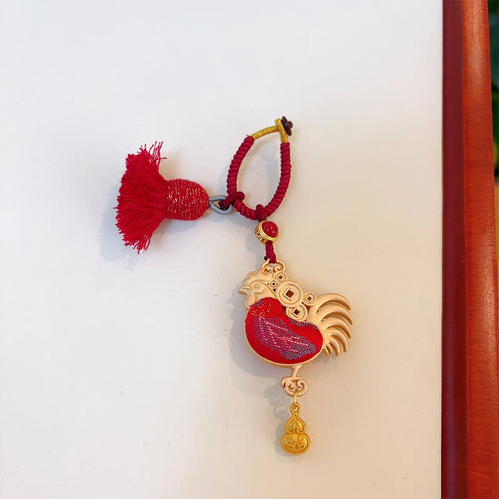 Buddha Stones Llavero de la suerte con borla del zodíaco chino hecha a mano de Song Brocade - Gallo - Rojo - image 33